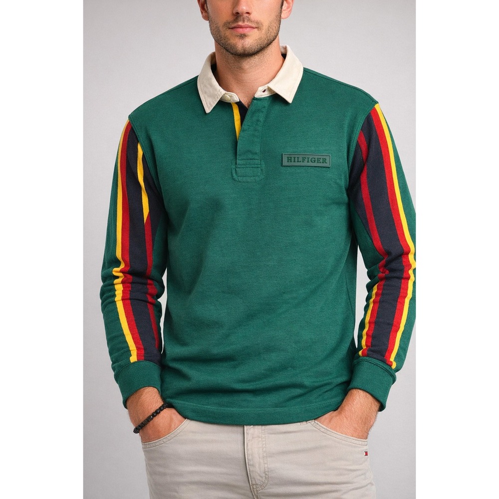 Tommy Hilfiger Mens rugby pullover long sleeve polo green colorblock small